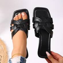 Women's Summer Cross Heart Slip-On Slippers, Fashionable Minimalist Solid Color Flat Open Toe, Suitable For Outdoor Casual, Beach, Vacation, Indoor, Square Toe, Lightweight Perforated Comfortable Elegant House Slippers - Black - View 11
