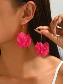 1 Pair Women's Sweet Elegant Fabric Flower Long Earrings, Suitable For Daily Wear (Bead Color Random) - Rose Red - E1335 - View 1