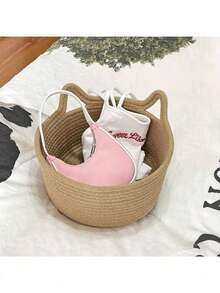 Pink Cat Ear Handmade Woven Desktop Storage Basket, Multifunctional Handheld Basket - Khaki - View 11