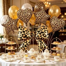 5 pièces/set Ensemble de ballons imprimés léopard, étoile, cœur, convient pour l'anniversaire des femmes, enterrement de vie de jeune fille, décoration de fête à thème nœud, applicable pour mariage, anniversaire, baby shower, remise des diplômes, fête des pères, enterrement de vie de jeune fille, fête à thème animal de la jungle - Imprimé léopard - Voir 2