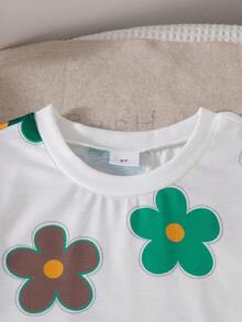 2pcs Girls Casual Floral Print Dropped Shoulder Short Sleeve Top And Elastic Waist Shorts Set, Spring/Summer - Green - View 4