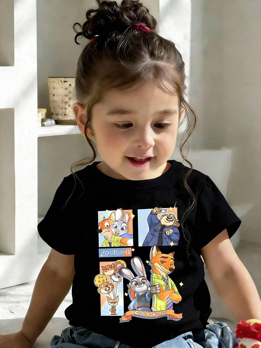 Disney Zootopia Four Palaces Genic Judy Zotopia+Carrot Print Pattern Summer Tops,Short-Sleeved Casual And Cute Style Children's Clothing Design, Girl Clothes For Kids Clothes ,Ropa Para Niños,Teen Girls Clothes, Summer Clothes,Boys Summer Outfits,Boys Clothes,Perfect For Cool Girls. Comfortable And Breathable Children's Short-Sleeved T-Shirt. Comfortable And Casual Wear All Year Children's Clothes,Comfortable & Lightweight, Iconic Print For Mix-And-Match Outfits,Suitable For Both Boys And Girls. - màu đen - Xem 1