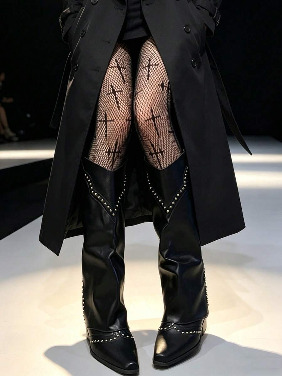 1 đôi quần tất lưới thời trang nữ họa tiết chéo, thoáng khí, chất liệu lưới dày vừa phải, mềm mại và chống tuột, thích hợp mặc hàng ngày và dự tiệc. - màu đen - Xem 1