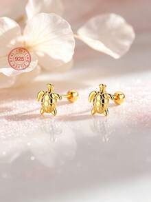 1 Pair 925 Sterling Silver Hypoallergenic Sea Turtle Stud Earrings, Cute & Playful, Spiral Ear Plugs Won't Fall Off, Delicate & Adorable, Gift Box Packaging, Suitable For Daily Wear Or Holidays - one-size - View 1