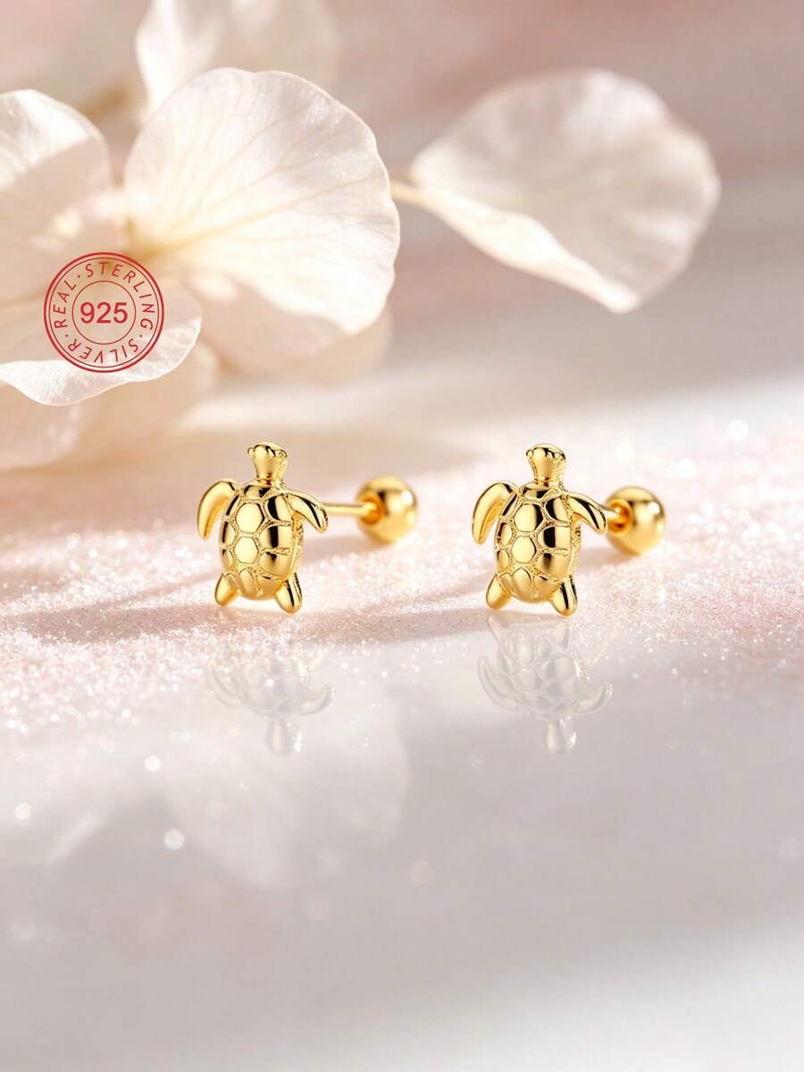 1 Pair 925 Sterling Silver Hypoallergenic Sea Turtle Stud Earrings, Cute & Playful, Spiral Ear Plugs Won't Fall Off, Delicate & Adorable, Gift Box Packaging, Suitable For Daily Wear Or Holidays - one-size - View 1