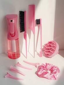 10件/4件/3件美发造型工具套装，200毫升连续喷雾瓶，透明喷雾瓶，经典3件套梳子（直发梳、尖尾梳、双面梳），圆形洗发按摩梳，鸭嘴夹，缎面发圈，夏季造型工具，女士配饰组合（粉色和紫色） - 粉色 - 查看 13