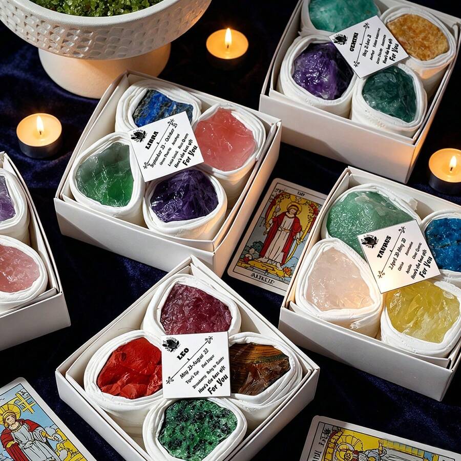 1box 12 Constellation Crystal Energy Gift Set, Raw Stone Crystals & Chakra Quartz Amulets For Reiki Healing, Divination & Home Decoration