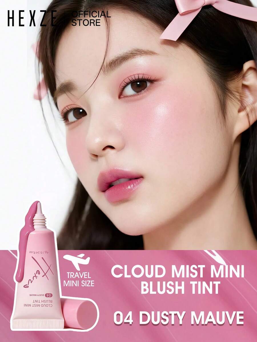 HEXZE Mini Travel Size Cloud Mist Liquid Blush 04 Dusty Mauve– 4g Portable 3-In-1 Cream Blusher & Highlighter – High-Pigmented Long-Lasting Eye Shadow Tint – Pocket-Friendly 3D Glow Makeup - 04 Dusty Mauve - View 1
