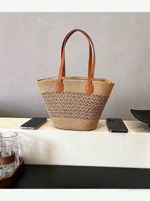 Chic Handmade Woven Straw Single Tote Bag, Casual Hollow Out Weave Fabric Top Handle Handbag, Large Capacity Solid Khaki Beach Vacation Bucket Tote Bag, Great For Summer Beach Trip, Island Vacation, Shopping, Daily Strolling, Outdoor Outing - Khaki - View 5