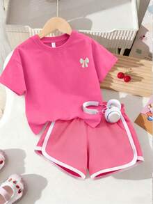 2pcs Casual Set Designed For Girls, Featuring Embroidered Bow Pattern Round Neck T-Shirt & Shorts, Summer Fashionable And Comfortable New Set - Hot Pink - View 6