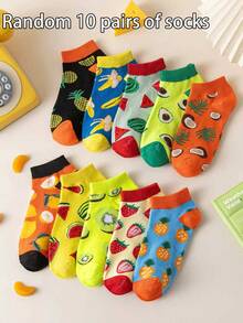 Bộ 5/10/15/20 đôi tất cổ ngắn in hình trái cây ngẫu nhiên, tất cổ cao họa tiết hoạt hình dễ thương hình chuối, dâu tây, bơ, tất thoáng khí thoải mái cho nữ mặc hàng ngày. - Nhiều màu - Xem 4