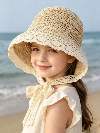 1 chiếc mũ chống nắng thoáng khí có nơ viền ren cho trẻ em, mũ chống tia UV khi đi biển ngoài trời.