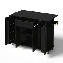 Kitchen Island With Fold-Down Worktop, Kitchen Trolley With Wheels, Kitchen Cabinet With 4  And 1 Drawer, Spice Racks Integrated Into The  , Double-Sided Towel Rails, White, 120*45(70)*95 - Black - View 10