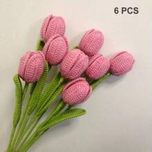 Handmade Crochet Tulip Bouquet, Mixed Color Knitted Artificial Flowers, Spring Hand-Woven Flowers, Realistic Yarn Flowers, Wedding Decoration Flowers, Perfect For Valentine's Day, Mother's Day, Wedding And Graduation Gifts, Tabletop Decor, Home Kitchen Living Room Beautification Decoration, Artificial Flower Decor, Blue And Pink Flowers - Multicolor - View 15