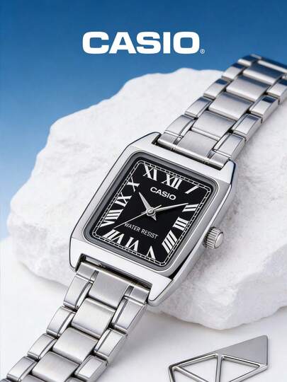 Casio 卡西欧 LTP-V007D-1B 女士复古长方形腕表，经典罗马数字表盘，纤薄优雅设计，银色不锈钢表带，矿物玻璃表镜，30米防水，日本石英机芯，女士正装腕表，附原装礼盒