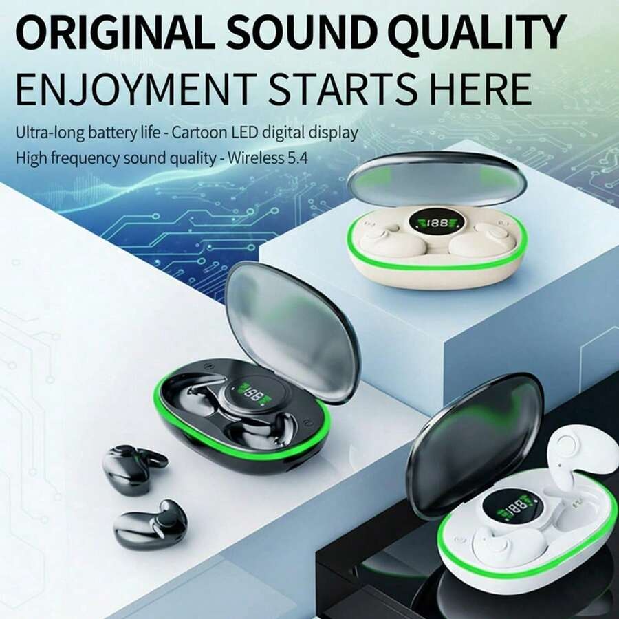 Sleep Invisible TWS Wireless Earbuds, HiFi Stereo, LED Digital Display, Low Latency Gaming, Ergonomic Lightweight Sleep Headphones, Compatible With IOS & Android, Comfort Fit For Travel & Fitness