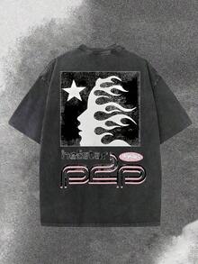 1pc BOTANICBEAT 1PC Worn-Out Washed Men's Short-Sleeved Shirt, Featuring A Pink Meteor Flame Human Face Silhouette Pattern In Letters On A Double-Sided Print, Retro Casual Loose Men's T-Shirt, Comfortable And Versatile Men's Clothing Summer Tops Men Shirts Plus Size Women Clothes Crop Top Plus Size 4th Of July Outfit Women Summer Tops For Women Summer Outfits For Women - 黑色 - 查看 4