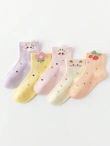 5双装女童可爱卡通3D花朵网眼薄款船袜，樱桃图案中筒袜，夏季款 - 彩色 - 查看 10