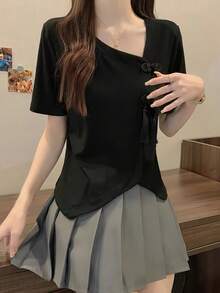 レディース チャイナ風 Tシャツ 半袖 カットソー トップス チャイナボタン タッセル Vネック アシンメトリー イレギュラーヘム デザイン性 高見え 個性派 モード系 着痩せ 体型カバー お腹周りカバー 華奢見え 骨格ウェーブ 骨格ストレート 大きいサイズ ゆったり きれいめ カジュアル 大人可愛い ブラック 黒 夏服 春夏 秋服 デイリー デート オフィスカジュアル お出かけ 女子会 上品 清楚 無地 シンプル 伸縮性 柔らかい 細見え 20代 30代 40代 50代 - ブラック - チェックする 7