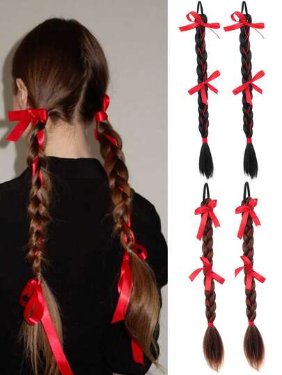 Women's Synthetic Wigs High-Temperature Fiber Ribbon Red Bow Curly Wave Ponytails Hair Elastic Rubber With Texture One Pair Suitable For Women's Daily Wear And Gatherings
