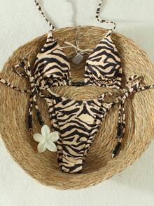 Women's Tiger Print Halter Bikini, Sexy Side Tie Split Vacation Two Pieces Swimsuit, 2026 Spring/Summer Fashion Beach Swimwear - Multicolor - View 3