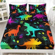 3 Pcs Fitted Sheet Set, Twin/Full/Queen Size Bed Sheet Set, Dinosaur Pattern Sheet Set, 1 Fitted Sheet And 2 Pillowcases, 13 Inch Deep Pocket - Dinosaur97 - View 3