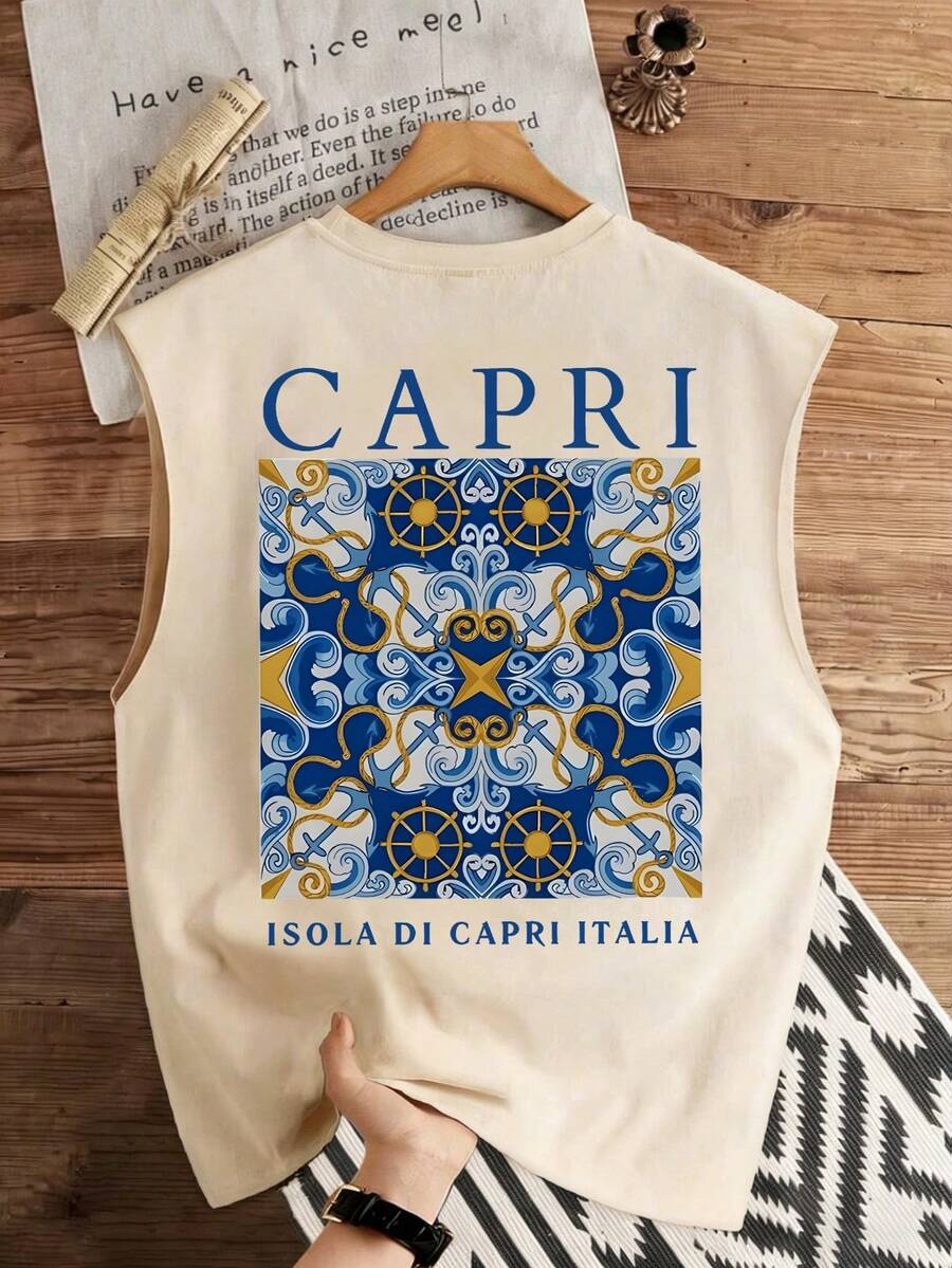 Italian Southern Style Printed Casual Loose Fit Men's Sleeveless Tank Top - Apricot - View 1