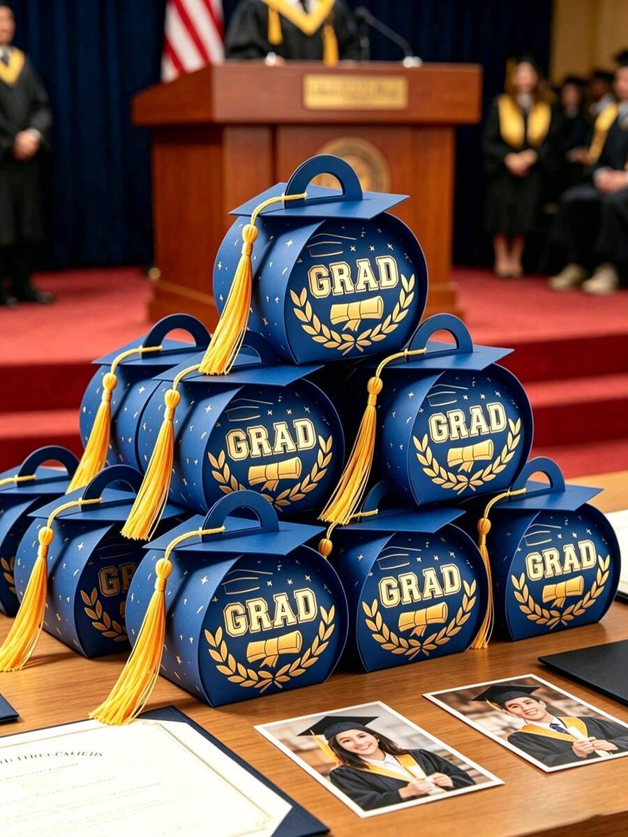 12pcs Graduation Cap Gift Boxes, Blue & Gold Congratulations Graduate Gift Packaging Boxes With Gold Tassels, Graduation Party Favor Boxes, Graduation Baking DIY Candy Boxes, 2026 Graduation Ceremony Decorations, Congratulations Graduation Party Decor, Graduation Season Desktop Decor, Graduation Gifts