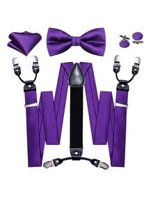 男士奢华紫色缎面亮面吊带套装，含领结、口袋巾和袖扣，四件套，适合婚礼、派对、宴会、舞会等场合。 - 紫色 - 查看 1