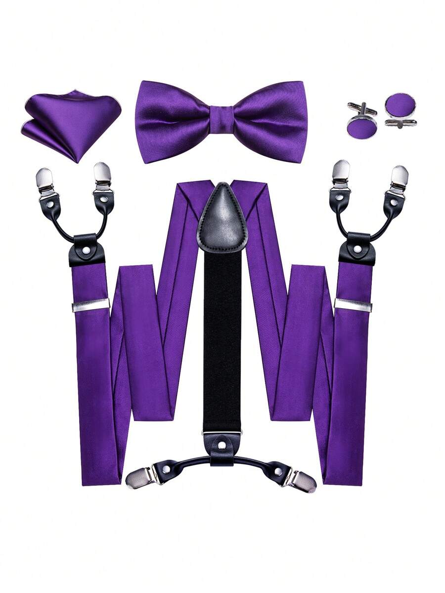 男士奢华紫色缎面亮面吊带套装，含领结、口袋巾和袖扣，四件套，适合婚礼、派对、宴会、舞会等场合。 - 紫色 - 查看 1
