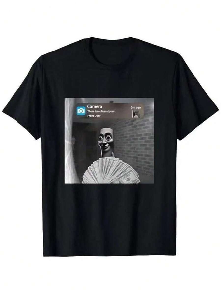 Premium Cotton T Shirt Featuring Humorous Tung Tung Tung Sahur Motion Meme Graphics For A Bold Front Door Statementtops For Women - 黑色 - 查看 1