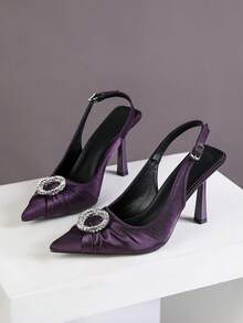 女士紫色缎面尖头高跟鞋，饰有水钻，优雅穆勒鞋款后系带高跟鞋，适合派对穿着 - 紫色 - 查看 3