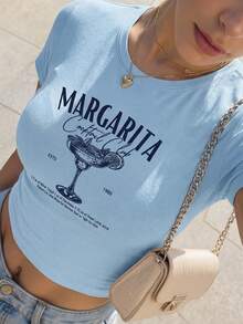 1 chiếc áo thun ngắn tay dáng crop dành cho nữ - In hình "Câu lạc bộ cocktail Margarita" cổ điển, phong cách retro sinh viên, áo crop cổ tròn mềm mại, thoáng khí, thích hợp cho bữa ăn sáng muộn, tiệc cocktail, tụ họp cuối tuần, mặc thường ngày, tuyệt vời cho những người yêu thích cocktail và các cô gái tuổi teen mùa hè. - Màu xanh nhạt - Xem 4