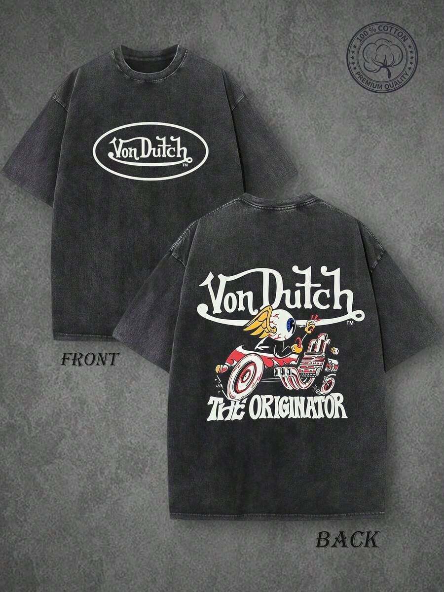Vons Dutchs "The Originator" Flying Eyeball Hot Rod Vintage Washed T-Shirt, Retro Kustom Kulture Graphic Tee, Double-Sided Print, High Quality T-Shirt, Classic Washed Shirt, Washed Pure Cotton T-Shirt, Casual Style, Perfect Gift Choice, Comfortable, Fashion Street Style Pure Cotton T-Shirt. - Retro Washed Cotton Short Sleeve, World Cup Unisex 100% Cotton Breathable Casual Oversized T-Shirt - 黑色 - 查看 1