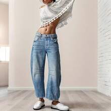Women's Jeans Section: Women's Horseshoe-Shaped Barrel Jeans, Mid-Waist Wide-Leg Jeans, Loose Fit, Slim Tapered Leg Casual Jeans. - 藍色 - 查看 3