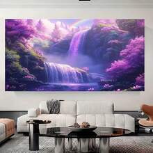 Pared 2D plana de cascada morada en bosque mágico - Marco envolvente adecuado para dormitorio, decoración - Tema de cascada morada y bosque mágico para decoración de habitación infantil, estilo Deco, 2D plano - Enmarcado - Ver 3