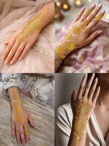 4 Sheets Glitter Hand Temporary Tattoos Gold Henna Tattoos Metallic Hand Tattoo Mandala Stickers For Body Makeup Performance Summer Travel Beach Rave Accessories Wedding Party - Gold - View 2