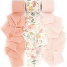 1.5 Inch X 6 Yards, 18 Yards Total Chiffon Ribbon Roll With Tassels, Suitable For Wedding Invitations, Bridal Bouquets, Gift Wrapping, Floral Decor, Crafts, Colors: Soft Nude, Deep Nude, Floral Pattern - Pink - View 1