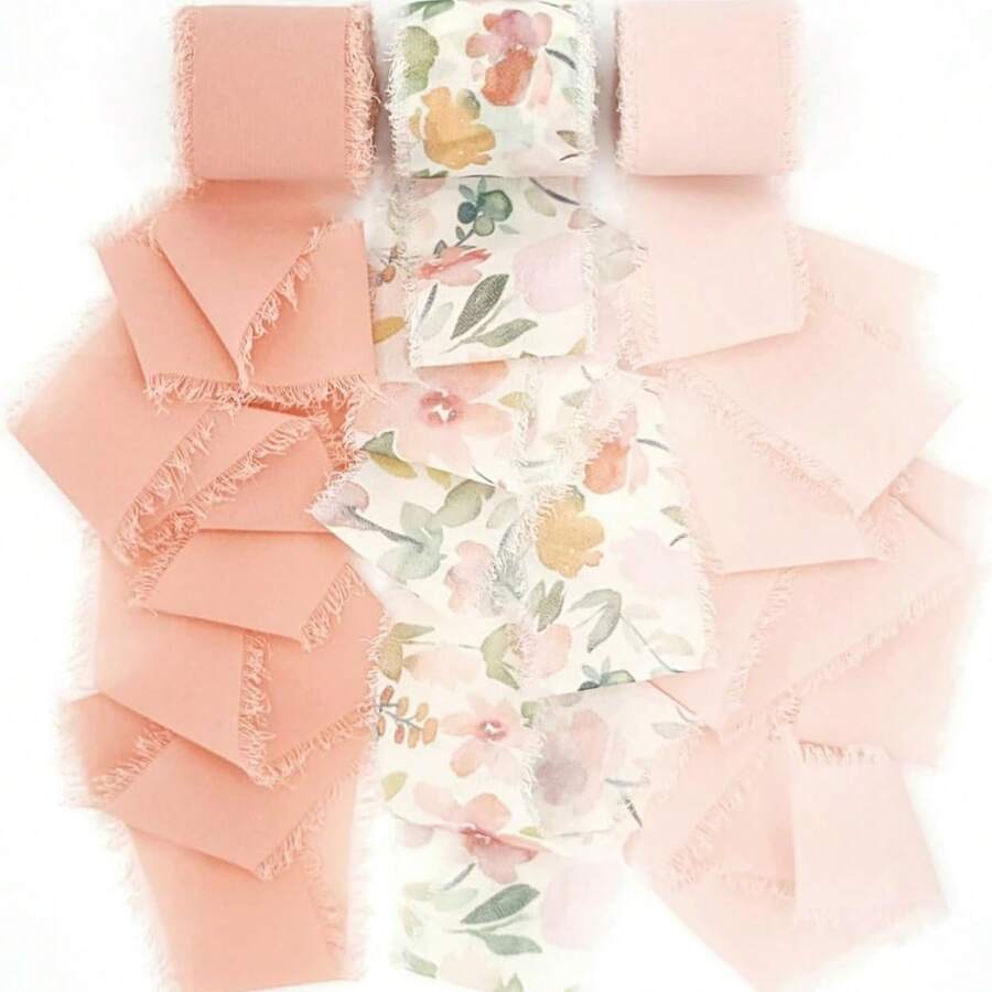 1.5 Inch X 6 Yards, 18 Yards Total Chiffon Ribbon Roll With Tassels, Suitable For Wedding Invitations, Bridal Bouquets, Gift Wrapping, Floral Decor, Crafts, Colors: Soft Nude, Deep Nude, Floral Pattern - Pink - View 1
