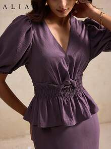 ALIAO Summer Elegant Purple Twisted Waist Ruffle Faux Linen Textured Top And Fishtail Skirt 2-Piece Set, Office Commute Casual Outfit - Purple - View 2