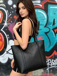 折叠式压纹大容量手提包，耐用防污通勤单肩包，简约奢华日常包 - 彩色 - 查看 8