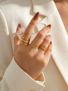 3 Stücke 18K vergoldeter Edelstahl eleganter geometrischer Perlen & Linien V-förmiger verstellbarer Ringset, geeignet für Damen Alltag, Festivals, Partys, Dates, Geschenke, hochwertiger Vintage Ringset - Gold - Übersicht 3