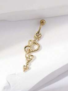 1pc Gold-Plated Copper Long Belly Button Ring With Zirconia Heart Shape Detail, Suitable As Valentine Halloween Christmas Easter Gift, Bar Party Beach Party Birthday Gift Or For Daily Wear For Women Valentines,Mom,Mother,Mother's Day,Gift - 黃金 - 查看 3