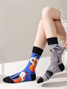 1 Pair Unisex Assorted Color Asymmetric Design Novelty Cartoon Crew Socks - Multicolor - View 6