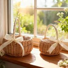 1 giỏ hoa bằng mây có tay cầm và nơ, 1 giỏ Phục Sinh đan thủ công bằng mây, thích hợp cho đám cưới. - A - Xem 4
