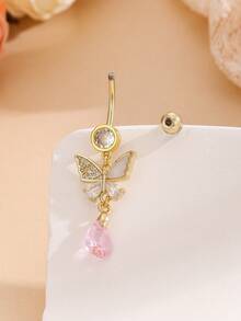 1pc Copper Zirconia Butterfly Navel Ring, Stainless Steel Piercing Jewelry, Suitable For Daily Wear - Butterfly - View 2
