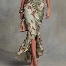 Women's Summer V-Neck Slim Fit Floral Print Ruffle Hem Stretchy Bodycon Maxi Dress Elegant Long Gown For Beach Vacation Date Night Party - màu xanh lá - Xem 5