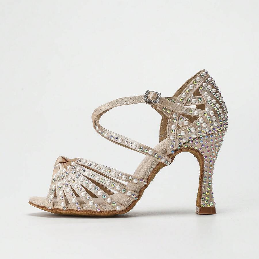 1 Pair Apricot Rhinestone Embellished Comfortable High Heel Latin Dance Shoes, Cha Cha/Salsa/Rumba Dance Shoes - Apricot - View 1