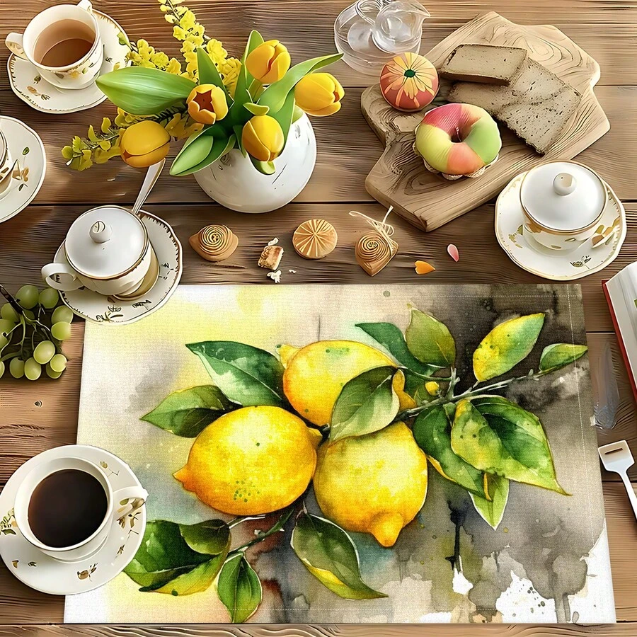 柠檬印花亚麻餐垫（1件/4件/6件/8件装），适用于餐桌，四季皆宜，现代可水洗餐垫，房间装饰，杯垫，厨房餐垫，室内外派对装饰，家居装饰，理想礼品 - 彩色 - 查看 1