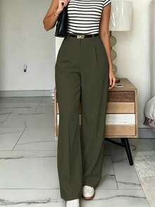 Pantalones de pierna ancha de cintura alta y ajuste delgado en verde militar, estilo callejero bohemio, adecuados para uso casual y de oficina en primavera y verano (cinturón no incluido) - Verde militar - Ver 5
